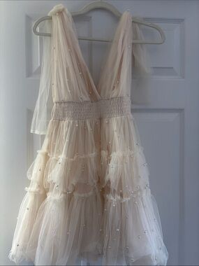 Pearl-Embellished Tulle Mini Dress in Soft Blush
